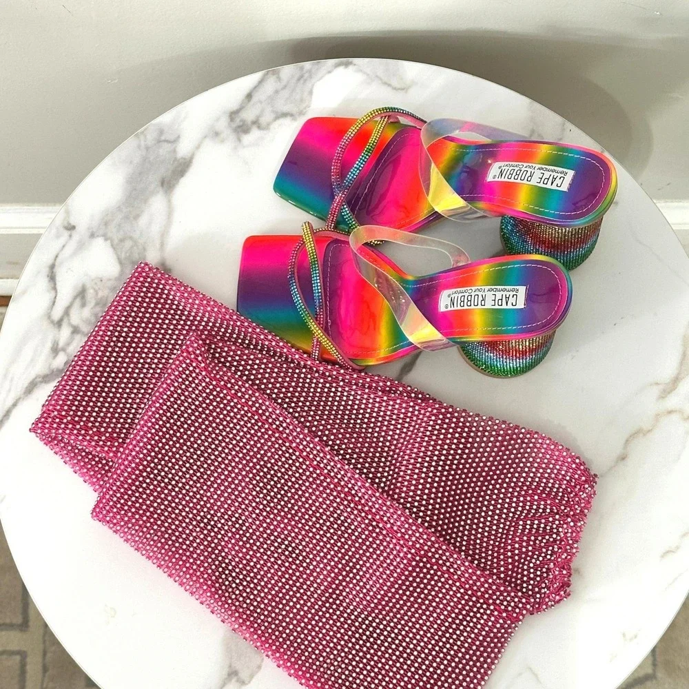 Cape Robbin Beatrizia Rainbow Rhinestone Block Heels Pink Mesh Leggings Set 8.5‎